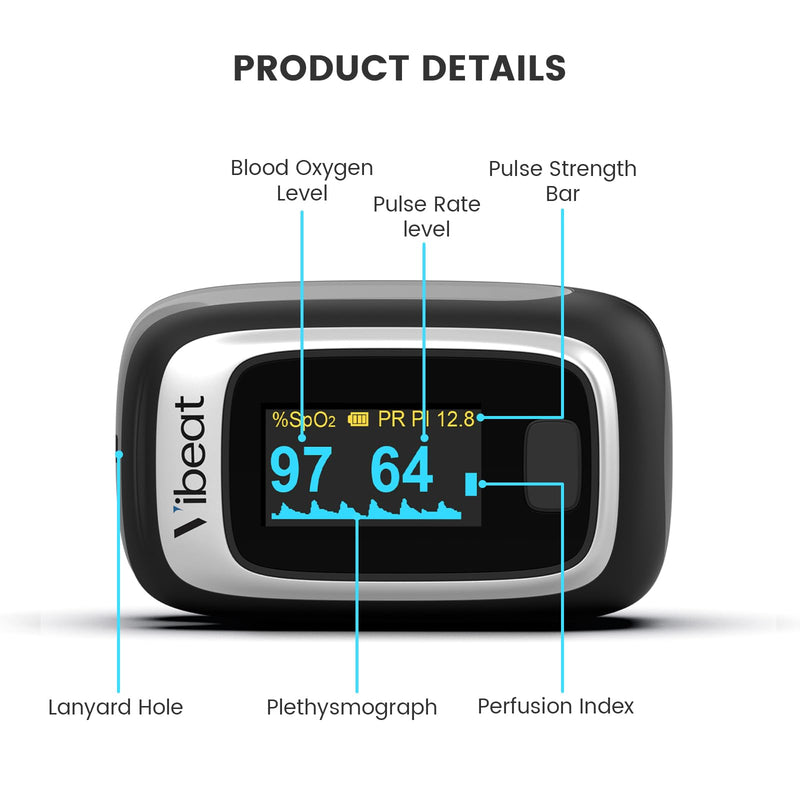 [Australia] - Bluetooth Fingertip Pulse Oximeter, Vibeat SPO2 Monitor with Vihealth APP, Portable Finger Oxygen Sensor with Pulse Rate, Batteries and Lanyard Included, Black 