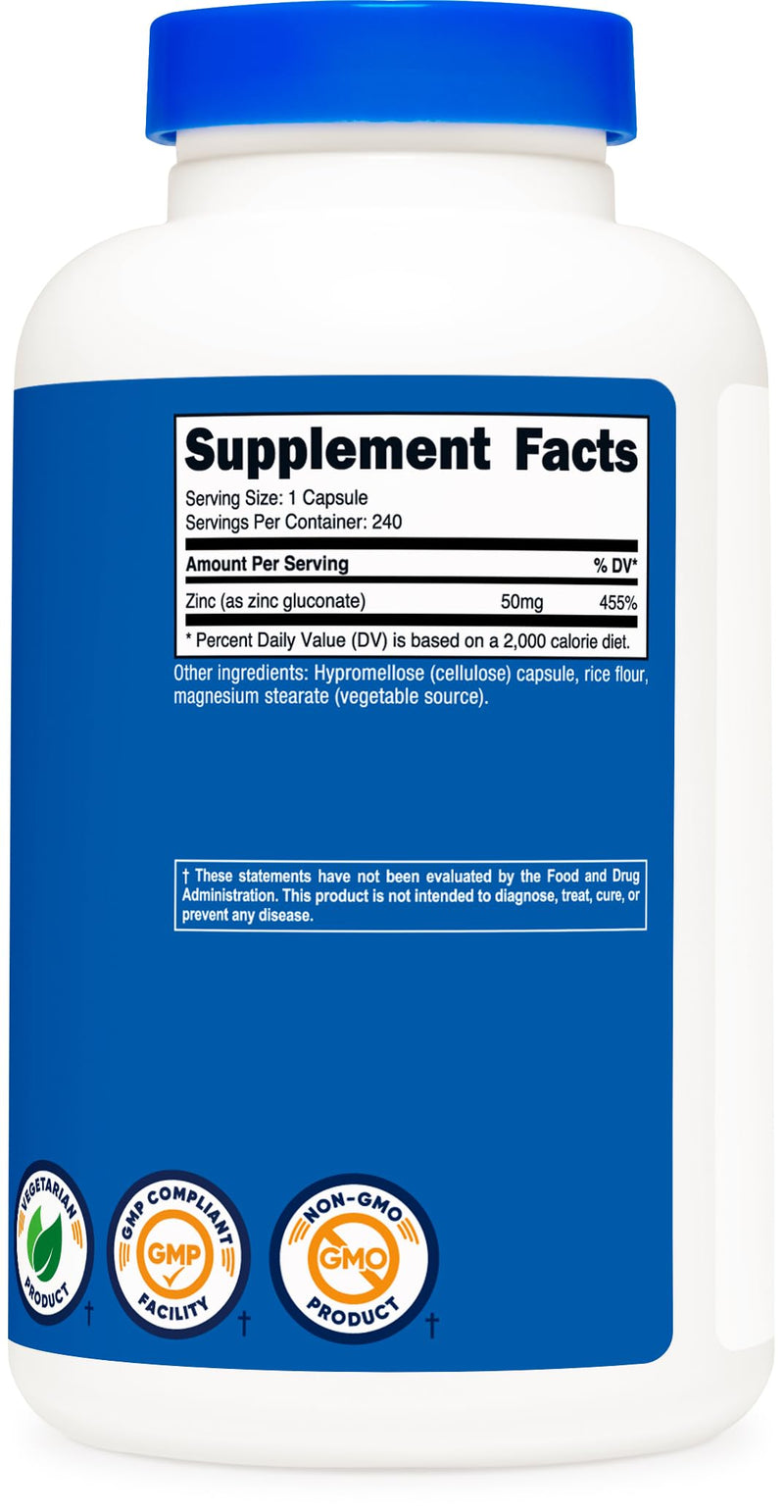 [Australia] - Nutricost Zinc Gluconate 240 Vegetarian Capsules (50mg) - Gluten Free and Non-GMO 240 Count (Pack of 1) 