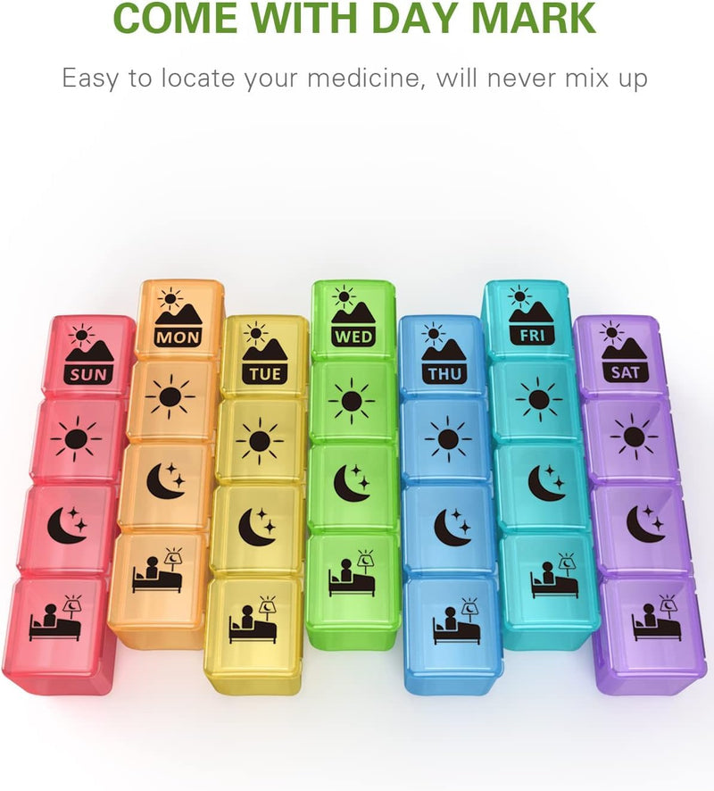 Fullicon Large Weekly Pill Organizer 4 Times a Day, 7 Day, Black Rainbow | Each Compartment Holds up to 9 Fish Oils, 10 Vitamins, or 16 Capsules, Secure Double Latch, Clear Day Labels Multicolor