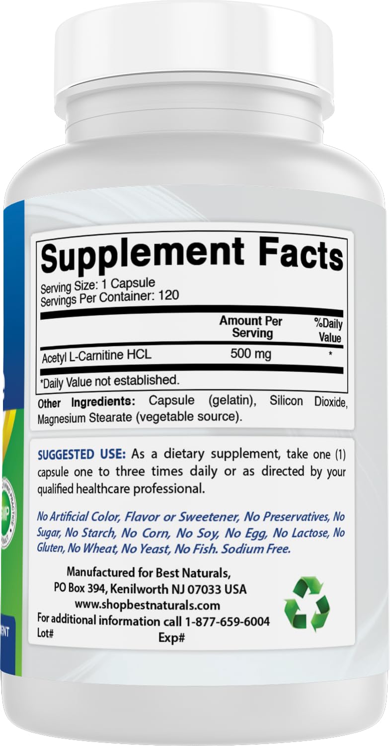 Best Naturals Acetyl L-Carnitine (ALCAR) 500mg, 120 Capsules, 120 Servings - Non-GMO and Gluten Free, 1 Capsule per Serving (2 Pack) 120 Count (Pack of 2)