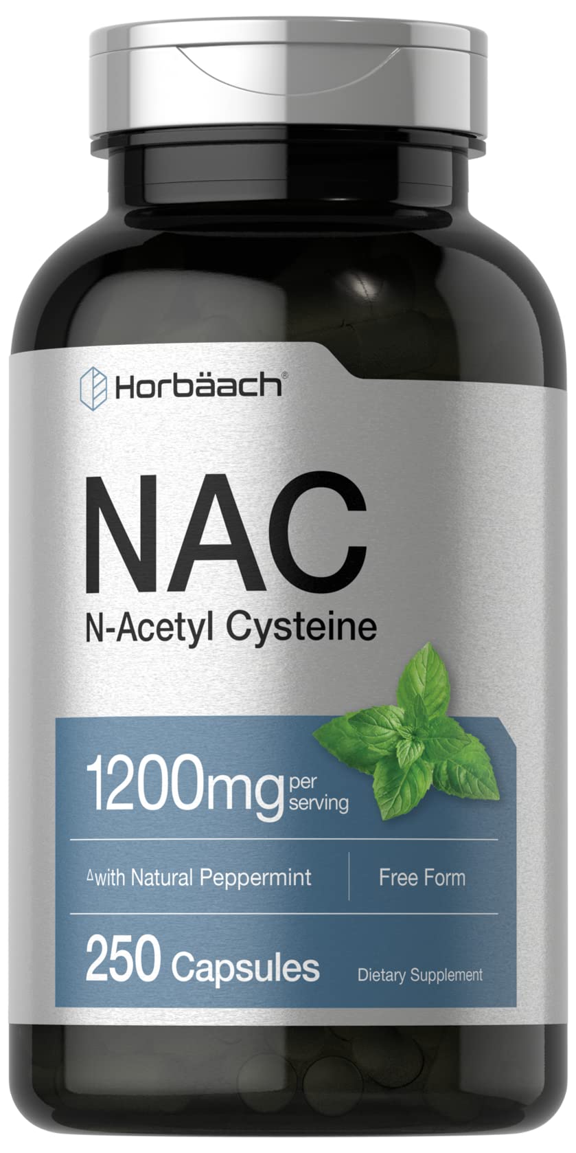 Horbäach NAC N-Acetyl Cysteine Supplement 1200mg | 250 Capsules | with Natural Peppermint | Non-GMO, Gluten Free 250 Count (Pack of 1)