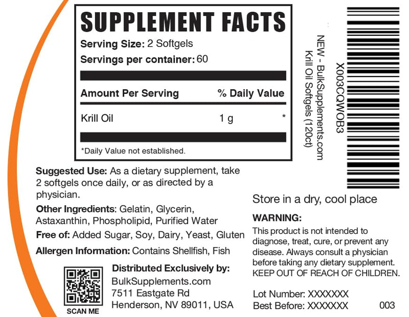 [Australia] - BulkSupplements.com Krill Oil 1000mg Softgels - Krill Oil Supplement, Antarctic Krill Oil, DHA Supplements - Krill Oil Omega 3, 2 Krill Oil Softgels per Serving (1000mg), 120 Softgels 120 Count (Pack of 1) 