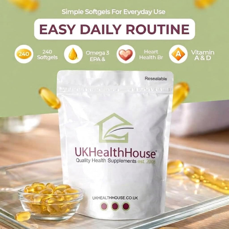 UKHealthHouse High Strength Cod Liver Oil Vitamin A & D, EPA, DHA Softgels 550mg (240 Capsules)
