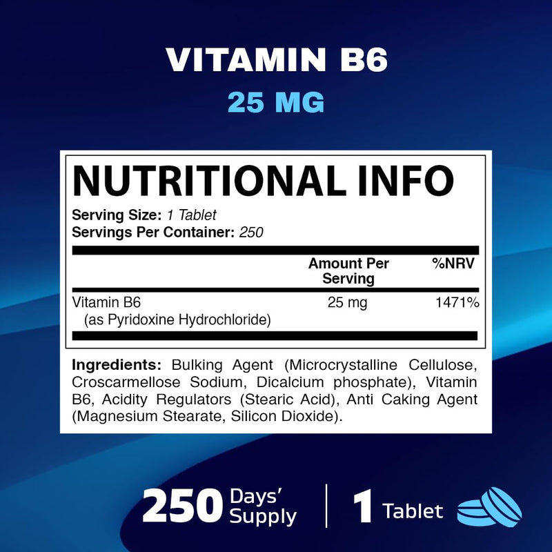 Vitamatic Vitamin B6 (Pyridoxine HCI), 25 mg 250 Vegetarian Tablets - Promotes Energy Production, boosts Metabolism and Immune Health Support