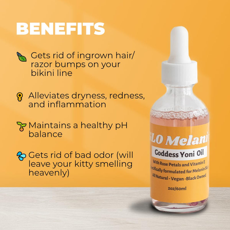 [Australia] - Glo Melanin Yoni Oil Wash for Women pH Balance and Wetness, Vaginal Oil or Feminine Oil for Ingrown Hair with Rose Petals, Almond Oil, Vitamin E Jojoba Oil Herbal Blend for Yoni Care (2 oz / 60ml) 