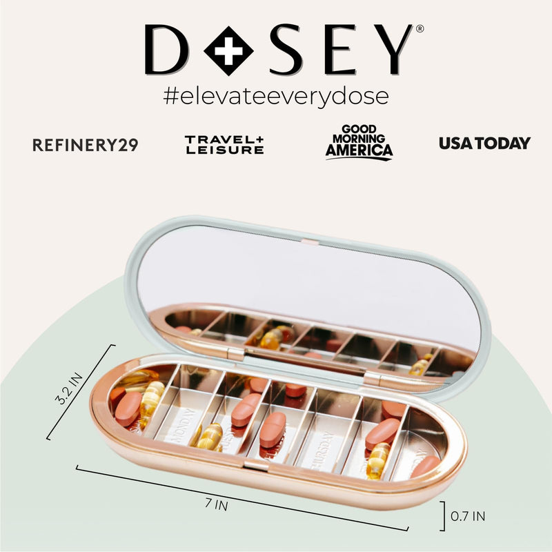 Dosey Compact Travel Pill Organizer - Pill Case with 7 Compartments for Medicine Storage & Protection – Stylish & Elegant Medication Organizer with Mirror, Sage