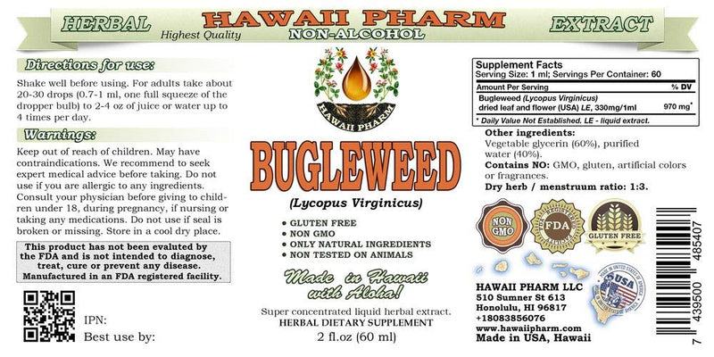 [Australia] - Hawaii Pharm Bugleweed Alcohol-FREE Liquid Extract, Organic Bugleweed (Lycopus Virginicus) Dried Leaf and Flower Glycerite Natural Herbal Supplement 2 oz 2 Fl Oz (Pack of 1) 