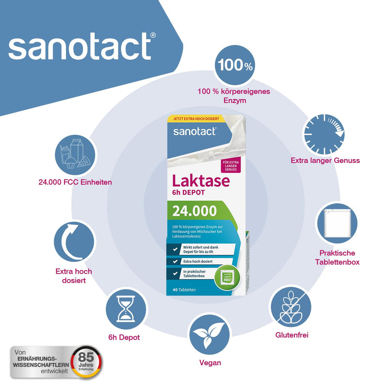 [Australia] - sanotact lactase 24,000 6h DEPOT (40 lactase tablets) • Lactose tablets with depot effect • For lactose intolerance & milk intolerance • Immediate effect & 6h long-term depot 24,000 depot 40 tablets 