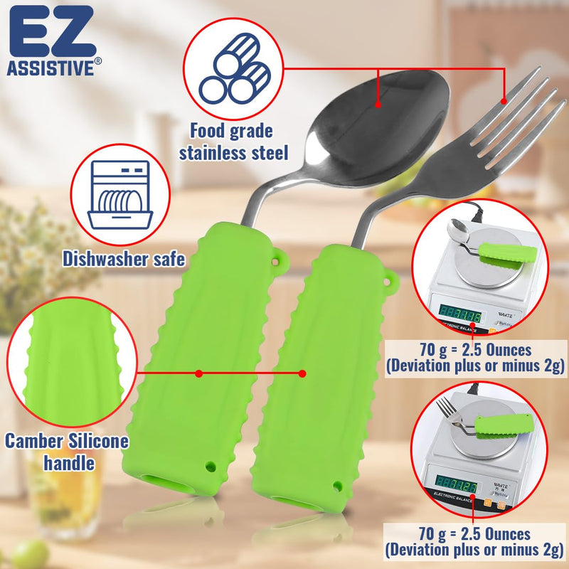 Adaptive Easy Grip Cutlery Set for Arthritic Hands - Spoon and Fork for Tremors, Parkinson, Disabled and Elderly Adults - Daily Living Assist 1 Set Green Left Hand