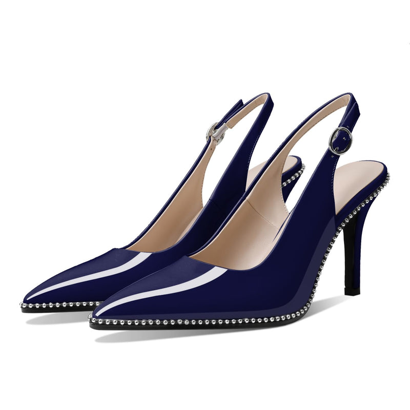 Zamikoo Women Beaded Pumps High Heel Slingback Pointed Toe Slip On 3.5 Inch Stilettos Ankle Strap Adjustable Buckle Patent Leather US Size 5 -Size 13 7 Navy