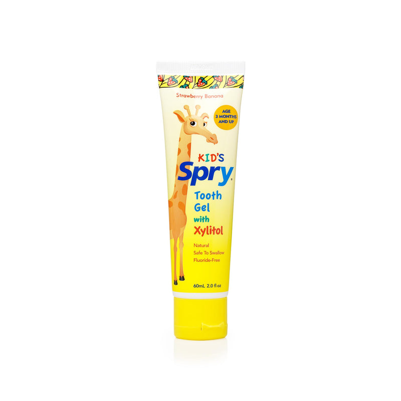 [Australia] - Spry Natural Xylitol Toothpaste for Baby, Toddler and Kids Age 3 Months and Up - Fluoride Free Tooth Gel, Tasty, Support Development of Emerging Teeth, Strawberry Banana 2 Fl Oz (Pack of 4) 2 Fl Oz (Pack of 4) 