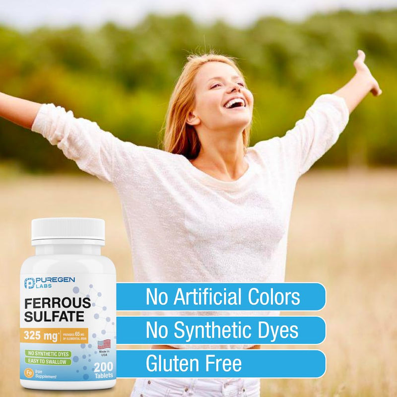 [Australia] - Puregen Labs Ferrous Sulfate 325 mg (65 mg Elemental Iron) High Potency Iron Supplement | No Artificial Color Additives - 200 Tablets Made in USA 1 