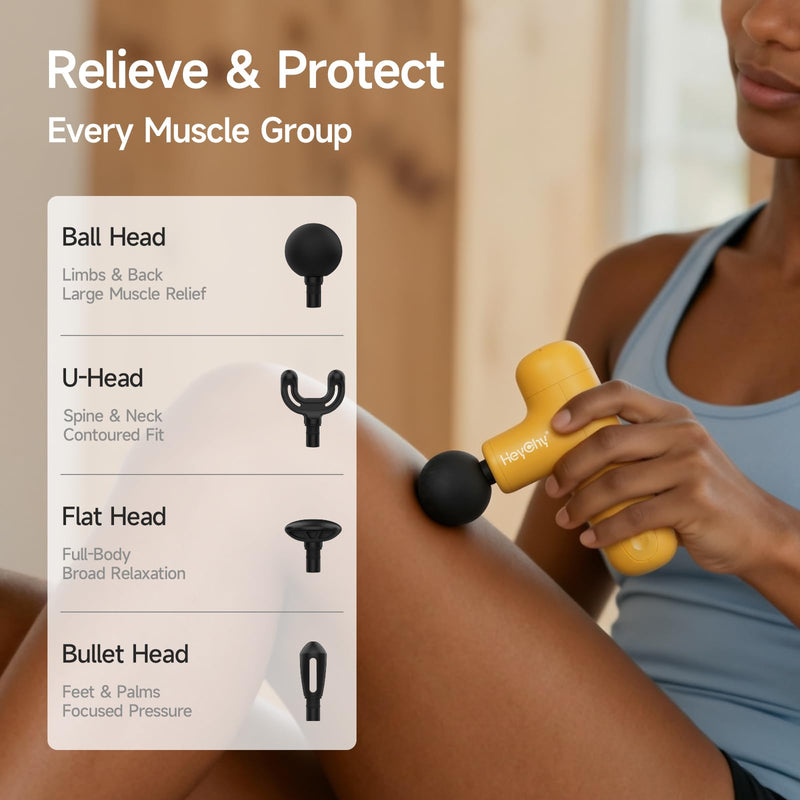 Super Mini Massage Gun Deep Tissue, Handheld Muscle Massager with 4 Heads, Percussion Travel Size Massager Gun FSA Eligible for Men Women Back Relief, Quiet for Home, Gym, Office, HSA, Yellow | 4 Heads for Men Women Muscle Relief, Back Neck Legs, Quiet...
