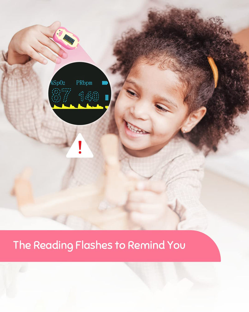 [Australia] - Pulse Oximeter for Kids, Vibeat Fingertip Blood Oxygen Meter with Smart Reminder for Children, Home Oximeter Finger with Pulse, Batteries & Lanyard Included, FSA/HSA Eligible, Pink 
