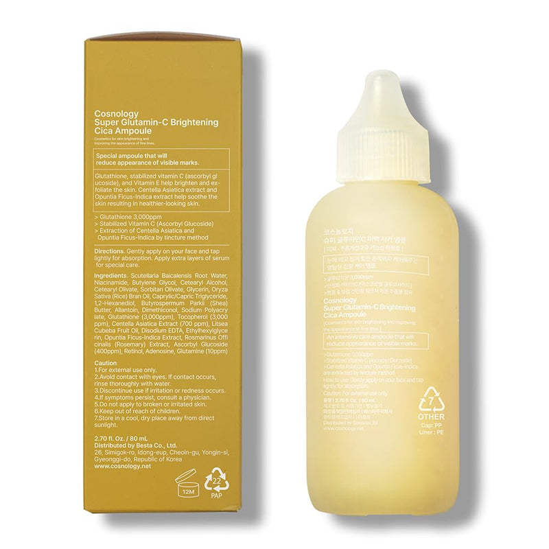 COSNOLOGY K-Beauty Ampoule: Niacinamide + Vitamin C, E & Glutathione for Dark Spots & Even Skin Tone | Hydrating & Anti-Aging Skin Serum, 2.7fl.oz(80ml)