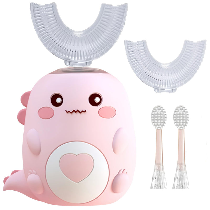Kids U Shaped Electric Toothbrush with 4 Brush Heads, 360° Sonic Automatic Toothbrush with 3 Cleaning Modes, IPX7 Waterproof Cartoon Dinosaur Design (Ages 2-12) Pink