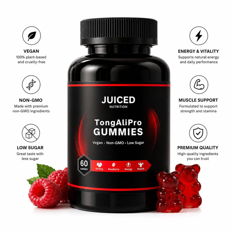 TongAliGummies - 60 Gummies Raspberry Flavour - with Added Tribulus Terrestris - 200:1 TongAliRoot High Strength Plant Extract - Gummies for Energy and Vitality