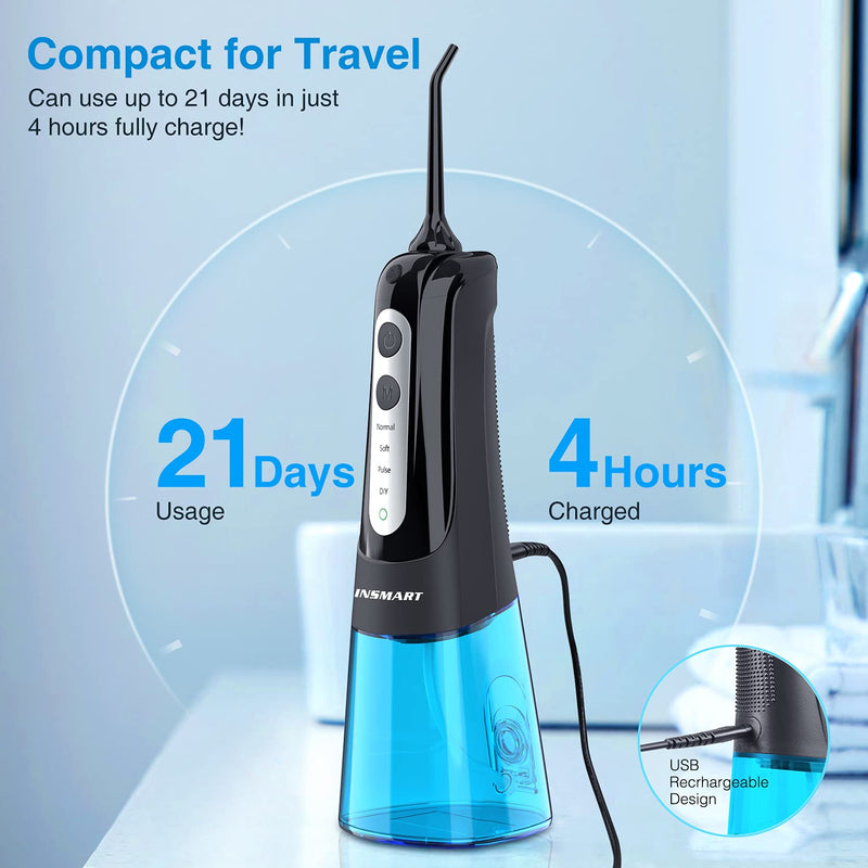 [Australia] - Cordless Water Dental Flosser Teeth Cleaner, INSMART Professional 300ML Tank DIY Mode USB Rechargeable Dental Oral Irrigator for Home and Travel, IPX7 Waterproof 4 Modes Irrigate for Oral Care Blue 