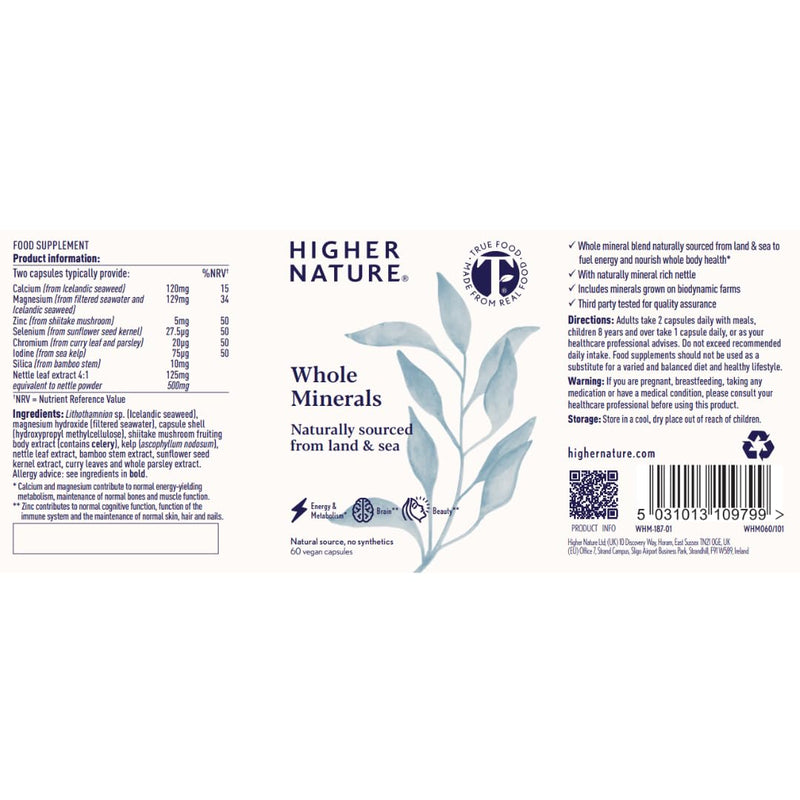 Higher Nature - Whole Minerals - Bio Minerals - Plant Based Complex - True Food® Formula - Multimineral Supplement - 100% Natural Sourced Minerals - Enhance Energy & Strengthen Immunity - 60 Capsules 60 count (Pack of 1)
