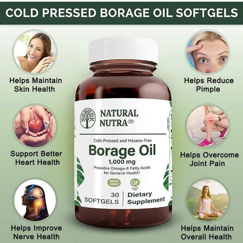 [Australia] - Natural Nutra Borage Oil, Maintain Skin Health, Support Heart Health, Improves Nerve Health,Omega 6 Essential Fatty Acids Supplement 30 Soft gels. 30 Count (Pack of 1) 