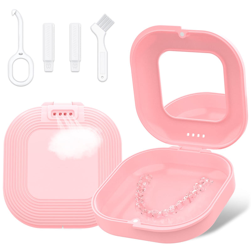 Retainer Case with Mirror and Vent Holes, Cute Retainer Holder Case Compatible with Invisalign, Aligner and Night Guard Case, Slim Retainer Case with Retainer Removal Tool, Chewies & Brush (Pink) Sakura Pink