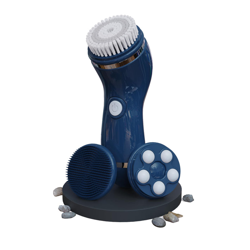 [Australia] - Perry Ellis 4-in-1 Cordless Massage and Cleansing Set with 4 Brush Heads, Exfoliating Face Scrubber with Massager, Rotating Scrub Brush, Facial Skincare Products, Carrying Case for Travel Included 