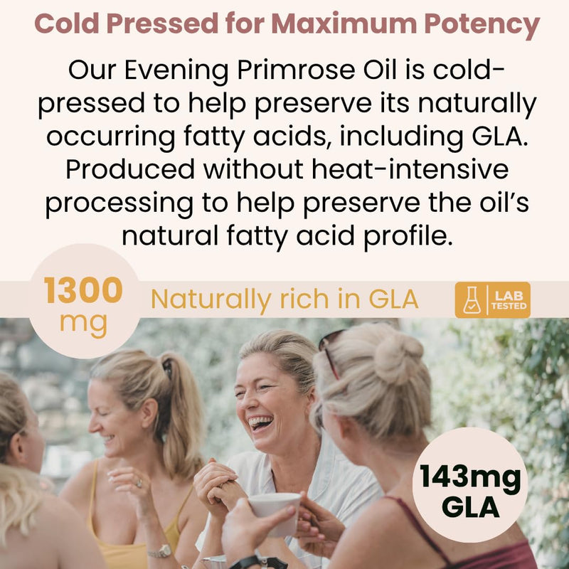 Evening Primrose Oil 1300mg | High Strength Cold Pressed Evening Primrose Capsules | 143mg GLA per Softgel | 120 Vegan Softgels | Omega-6 Supplement Women's Wellness & Skin Health | 4 Month Supply 120 count (Pack of 1)