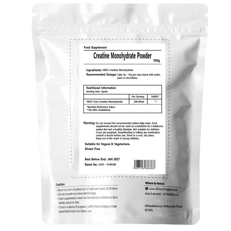 UKHealthHouse 100% Pure Creatine Monohydrate Powder 500g | Micronised Creatine Powder for Easy Mixing | Supports Recovery, Performance & Energy Boosting Train | Unflavoured
