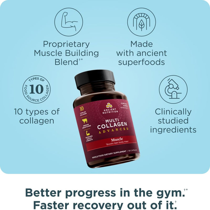 Ancient Nutrition Advanced Multi Collagen Protein Capsules Muscle, 90 Count | Women & Men, Vitamin C, Probiotics, Grass-fed Hydrolyzed Collagen, Supports Skin, Hair, Nails, Joints, Gut Health, 90 Count