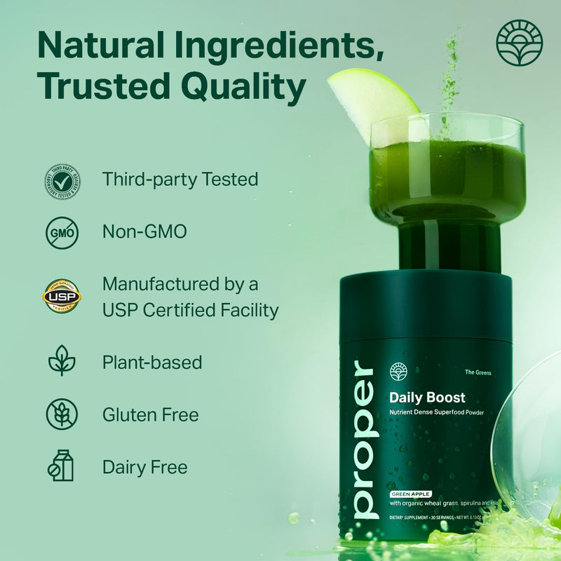 [Australia] - Proper, The Greens Daily Boost Organic Greens Powder. Whole Food, Apple Flavour Veggie Powder Superfood with Wheatgrass, Spirulina, Chlorella, Probiotics. Daily Drink Mix for Wellness and Digestion 30 Servings 
