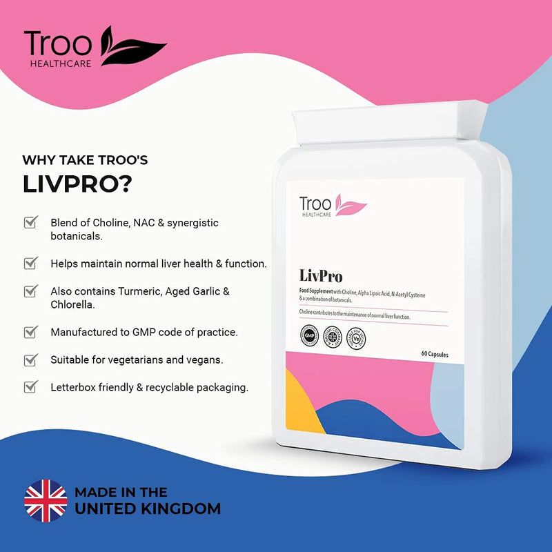 Troo Health Care LIVpro with Choline 60 Capsules - Supports The Maintenance of Normal Liver Function - Easy Swallow Daily Supplement - 2 Month Supply – Letterbox Friendly Packaging