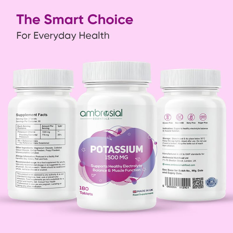 Ambrosial Potassium Chloride 1500 mg – High Strength Potassium Supplement – 778 mg Elemental Potassium – Daily Mineral Support for Muscle, Nerve & Balance – UK Made, GMP Certified – 180 Tablets