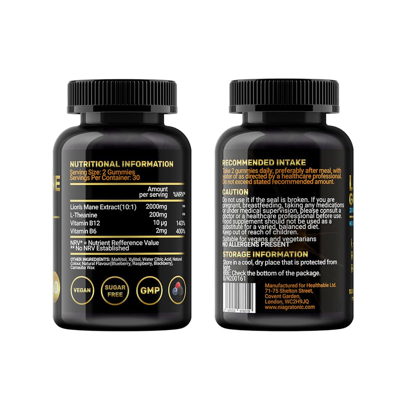 Lion's Mane Mushroom Gummies with L-Theanine & B Vitamins, Mind & Focus Complex Supplement, Sugar Free, Vegan, 60 Gummies, 1 Month Supply, Mixed Berry Flavour