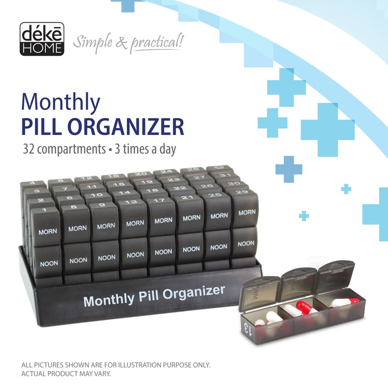 Deke Home - Monthly Pill Organizer 3 Times a Day, 30 Day Pill Box with AM PM Compartments, Large Monthly Medicine Organizer for Vitamins, Supplements & Medication, Travel-Friendly Pill Case, BPA Free