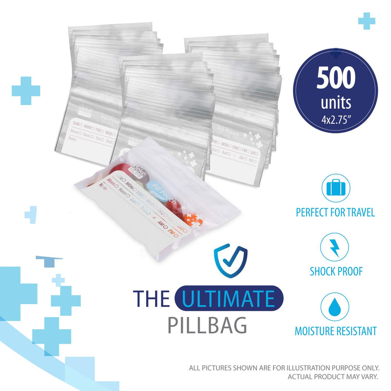 Deke Home - 500 Pack Clear Resealable Pill Bags (4x2.75 in), Travel Medicine Pouches with Write-On Label, BPA-Free Disposable Pill Organizer for Medications, Vitamins & Supplements 500 Count (Pack of 1)