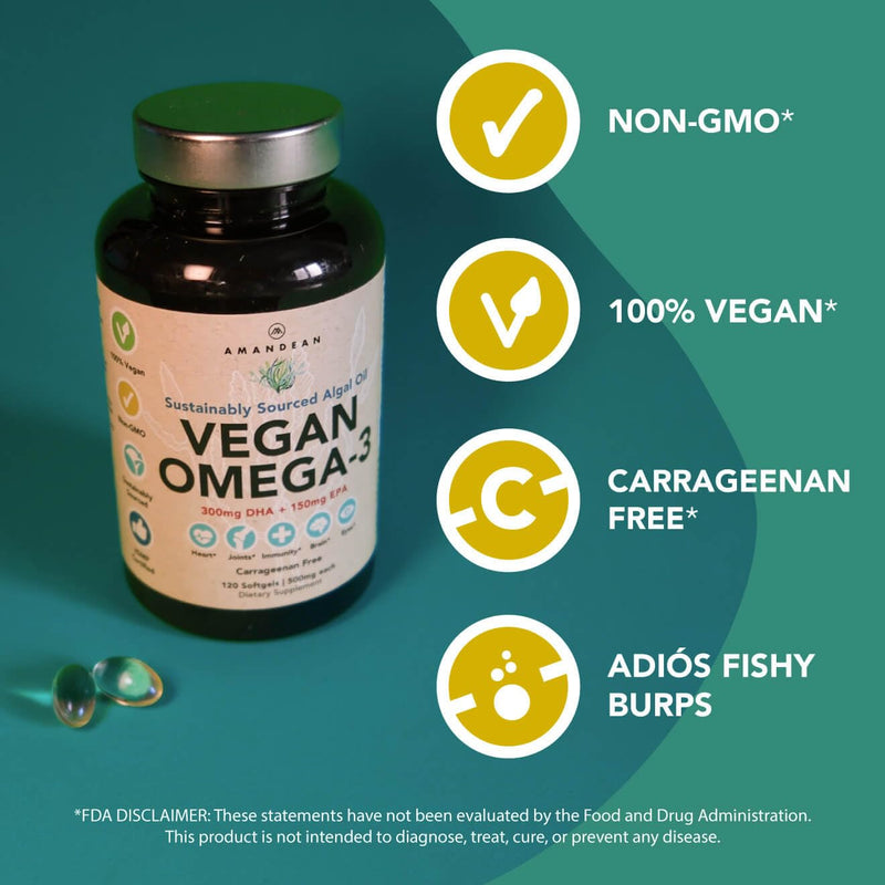 [Australia] - Amandean Vegan Omega 3 Supplement. Premium Fish Oil Alternative! Algae DHA & EPA. 120 Carrageenan Free Softgels. Algal Essential Fatty Acids. Plant Based Heart, Skin, Brain, Eye, Immune Support. 