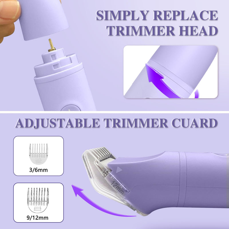 [Australia] - 3-in-1 Bikini Trimmer for Women, IPX7 Waterproof Electric Shaver for Women-Rechargeable Electric Razors for Pubic, Facial & Body Hair Trimmer with LED Display, Travel Kit & Painless Blades (Purple) Purple 