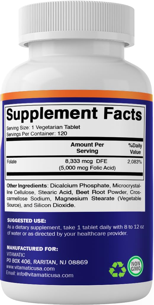 Vitamatic Folic Acid 5 mg (5,000 mcg), 120 Vegetarian Tablets (3 Pack) | 8,333 mcg DFE Foalte, Support Red Blood Cell Formation*, Heart & Nervous System Health*, Non GMO, Gluten Free, Made in USA