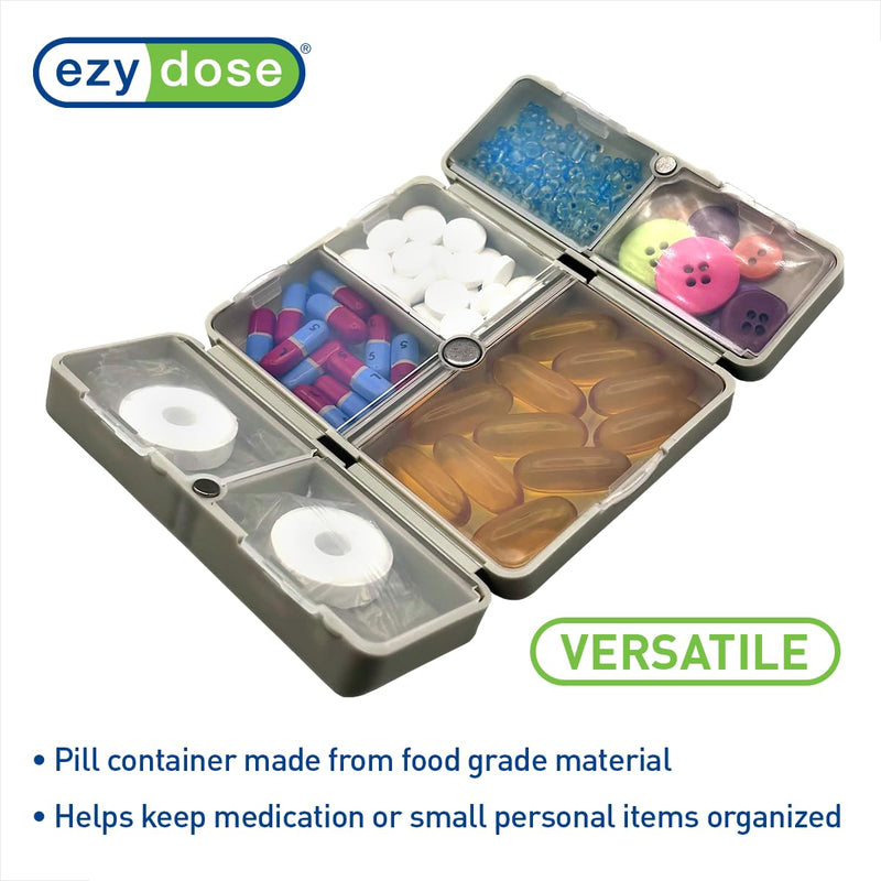 Ezy Dose Bi-Foldable Pill Organizer, Magnetic Snap-Shut Closure, Gray | Compact Daily Vitamin & Supplement Medicine Case, 7 Individual Compartments with Various Sizes, Travel-Friendly, BPA-Free 1-Pack