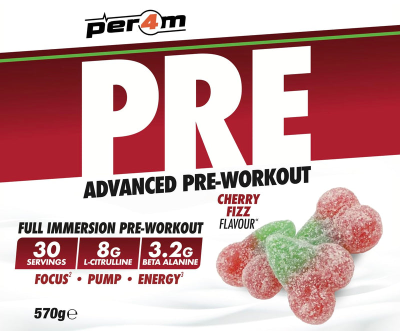 Per4m Pre Workout Powder | Intense Pump, Sustained Energy & Mental Focus | L-Citrulline, Beta Alanine & Caffeine & Added Hydration (570g, Cherry Fizz)