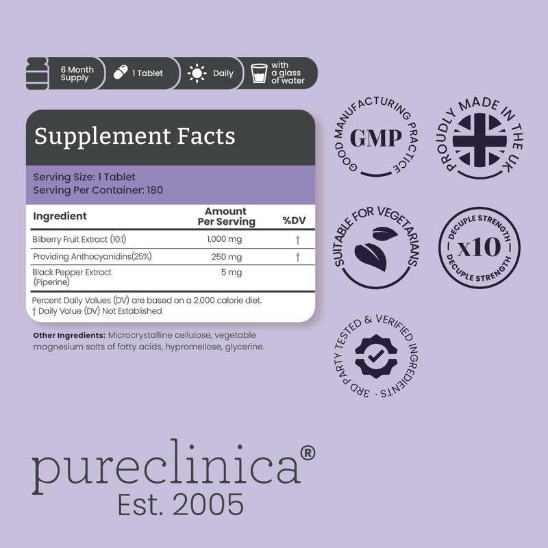 Pureclinica Bilberry Extract 1000mg (10:1) per Tablet – with Black Pepper Extract – 180 Tablets – High Strength – 6 Month Supply 180 count (Pack of 1)
