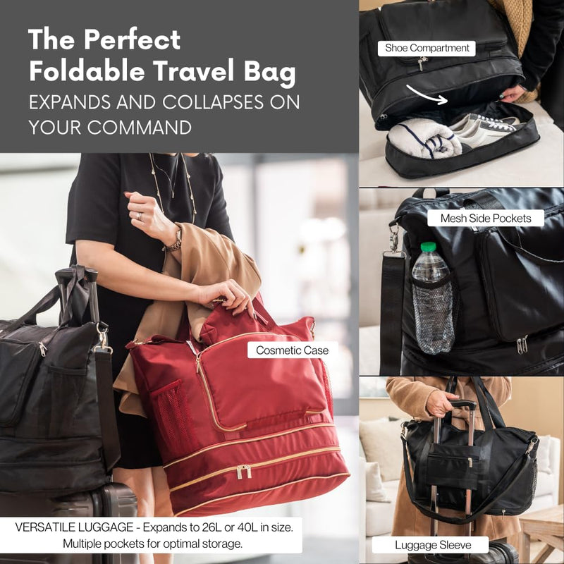 Large Travel Bag - Foldable & Expandable Carry-On Bag with Shoe Compartment, Water Bottle Pocket, Luggage Sleeve, Cosmetic Case Beige