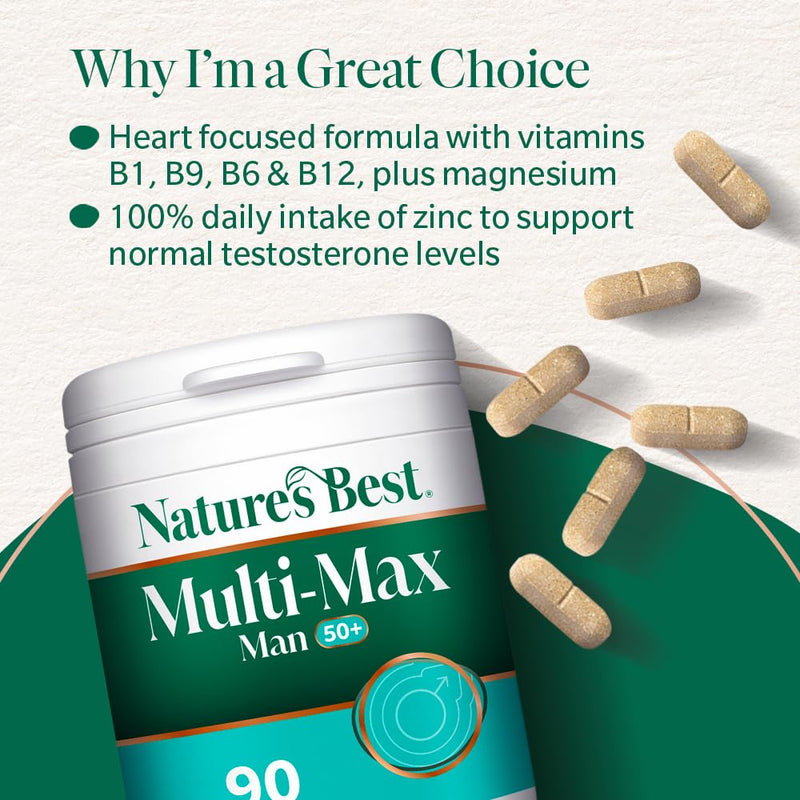 Nature's Best Multi-Max Man 50+ Multivitamin - Targeted Support with Vitamin D, B and Magnesium for Energy & Cognitive Health for Men Over 50 - UK Made - 90 Tablets (3 Months' Supply)