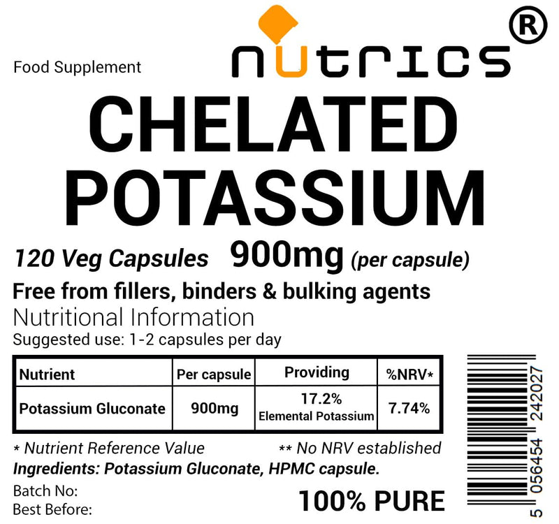 900mg Chelated Potassium Gluconate 120 Capsules 100% Pure - Free from Fillers Binders & Bulking Agents - Suitable for Vegetarians