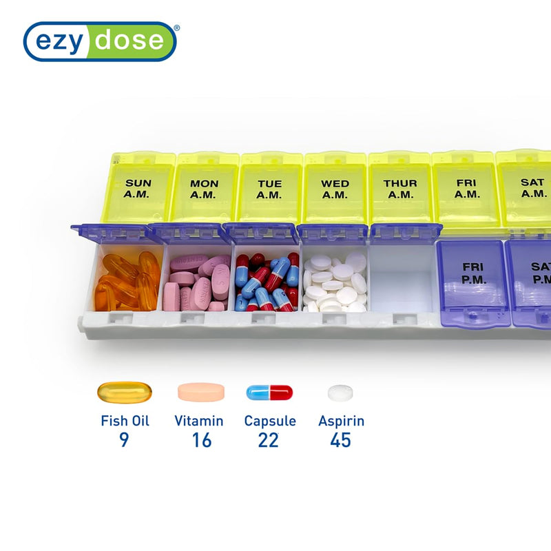 Ezy Dose Weekly (7-Day) AM/PM Pill Organizer, 2XL Planner, Purple/Yellow | Daily Medicine, Vitamin & Supplement Case, 2 Times a Day Pop-Up Compartments, Arthritis-Friendly, Travel-Friendly, BPA-Free Purple and Yellow