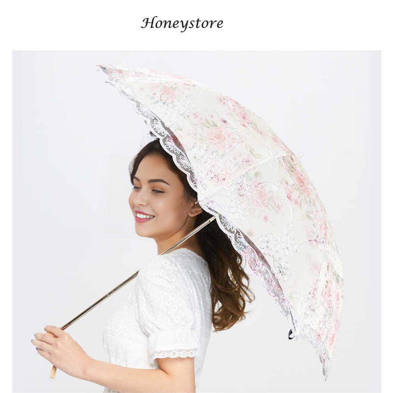 Honeystore Flower Print Vintage Parasol Anti-UV Folding Lace Embroidery Umbrella 2 Folding Beige
