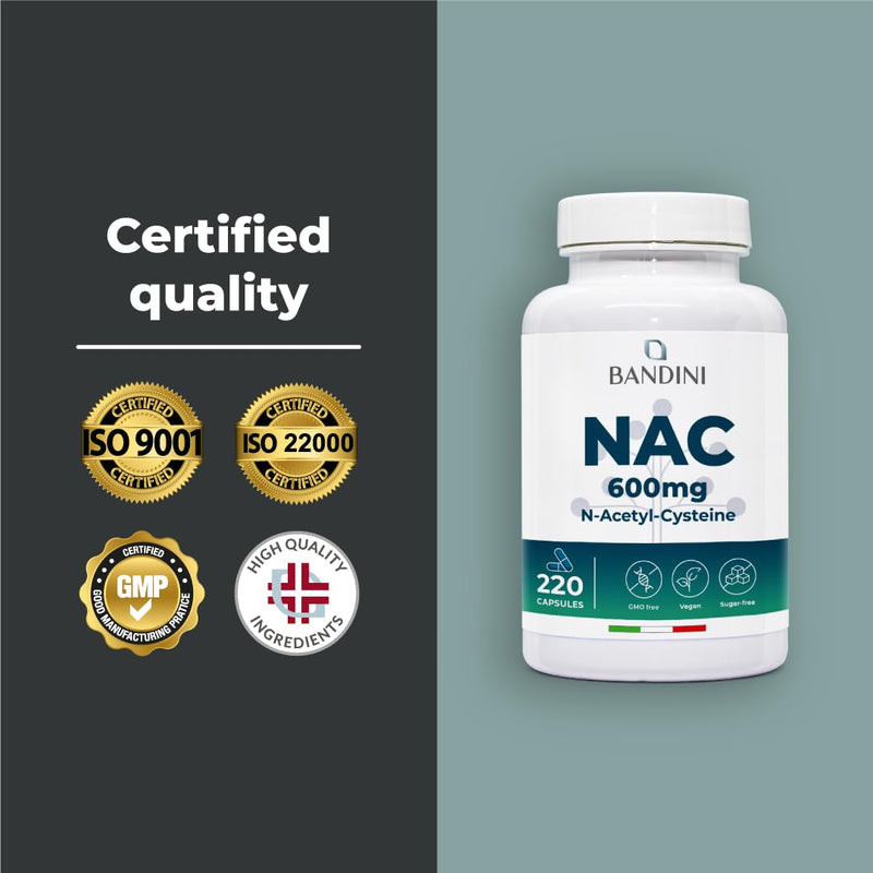 Bandini® NAC N-Acetyl-Cysteine 600 mg | 220 Vegan Capsules (+7 Months) | Glutathione Precursor | 1 Capsule per Day | High Bioavailability of N Acetylcysteine Supplement | N-Acetyl Cysteine 600mg 220 count (Pack of 1)