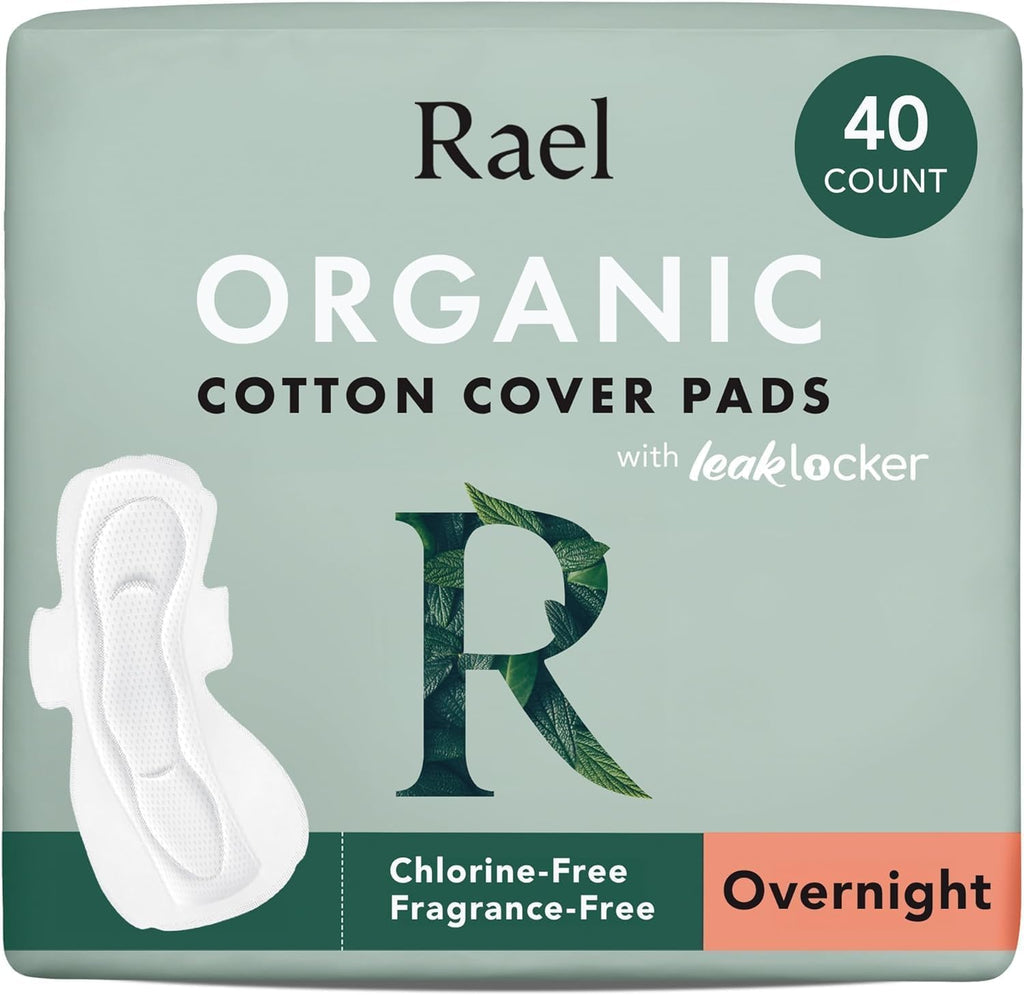 Rael Pads for Women, Organic Cotton Cover - Period Pads with Wings, Feminine Care, Sanitary Napkins, Heavy Absorbency, Unscented, Ultra Thin (Overnight, 40 Count) Overnight 40 Count (Pack of 1)