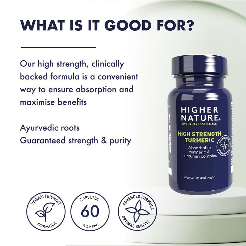 Higher Nature - Turmeric Capsules High Strength - Powerful Support - Tumeric Curcumin Supplement - Vegan - 60 Capsules