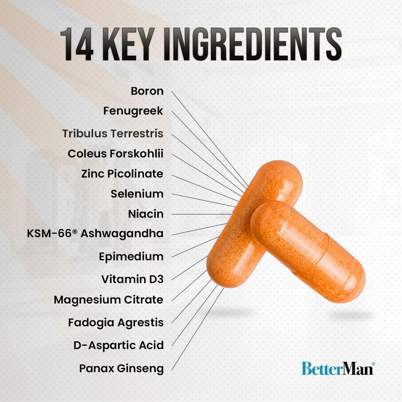 BetterMan Testosterone Support for Men – Boost Energy, Drive & Performance with 14 Science-Backed Ingredients Including Fadogia, Tribulus & Zinc – 90 Plant-Based Capsules
